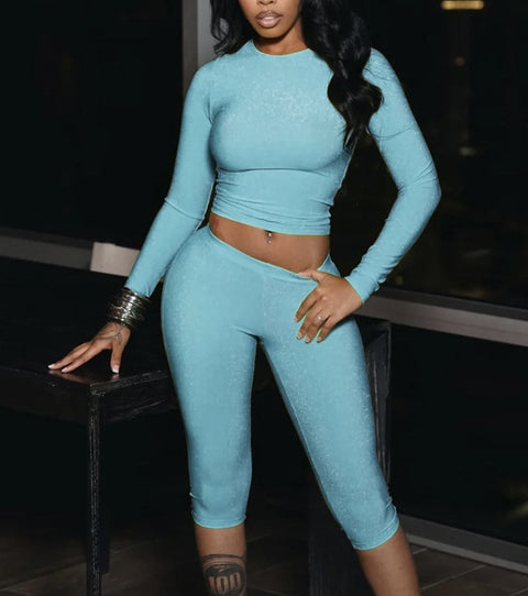 Glitter Mesh Long Sleeve Top & Capri Pants Set