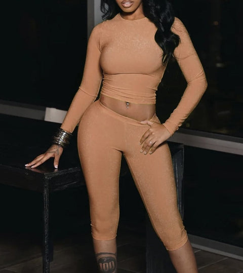 Glitter Mesh Long Sleeve Top & Capri Pants Set