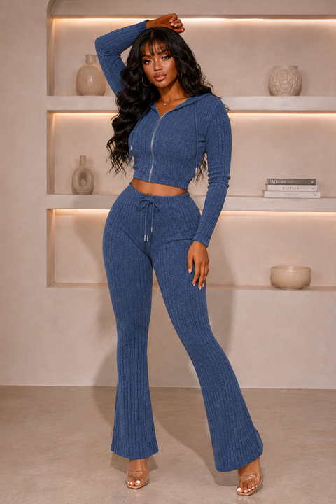Hacci Ribbed Hoodie Jacket & Flare Pants Set