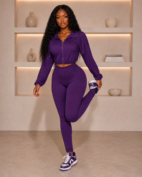 Solid Zip Up Crop Jacket & Leggings Set