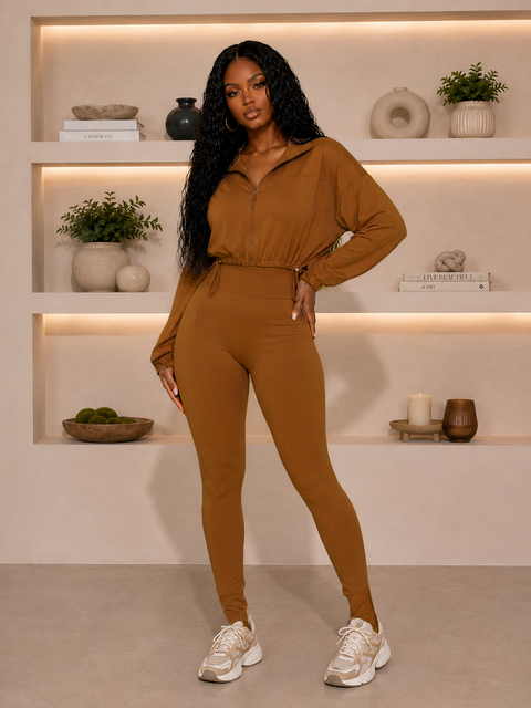 Solid Zip Up Crop Jacket & Leggings Set