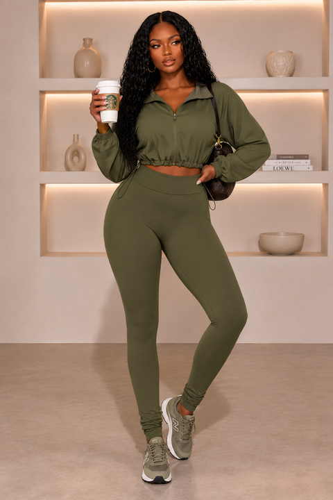Solid Zip Up Crop Jacket & Leggings Set