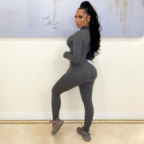Seamless Ribbed Zipper Fitted Jumpsuit