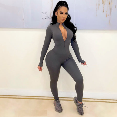 Seamless Ribbed Zipper Fitted Jumpsuit