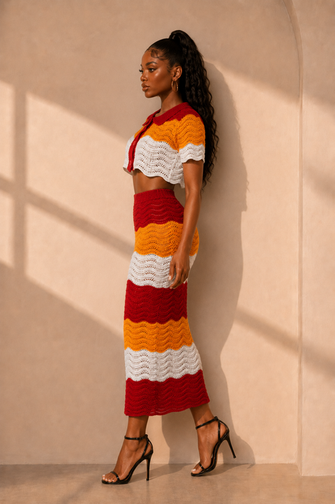 Crochet Crop Shirt & Long Skirt Set