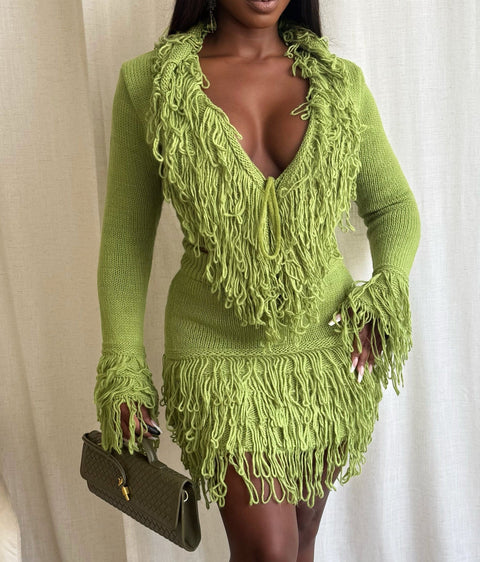 Tassel Trim Knit Top & Skirt Set