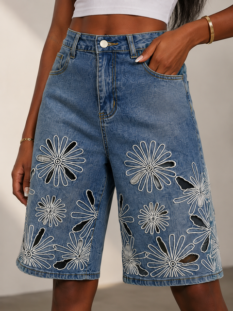 Flower Embroidery Hem Denim Jorts