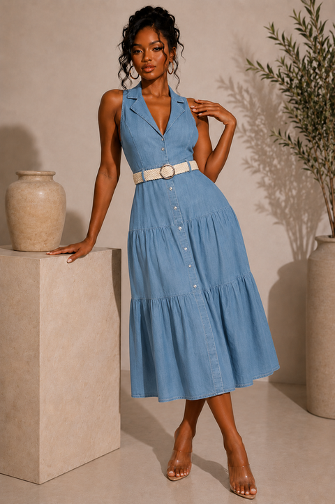 Denim Collar S/V Belted Dress