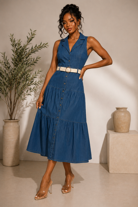 Denim Collar S/V Belted Dress
