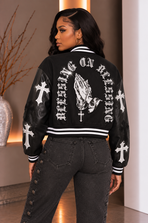 Faux PU Sleeve Varsity Jacket