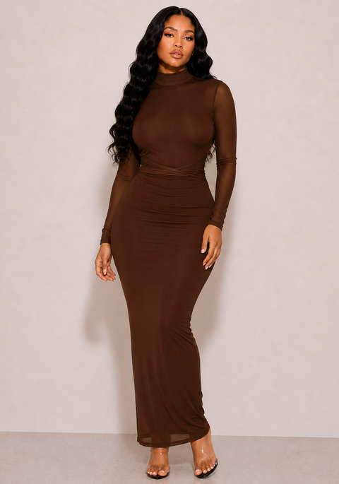 Mock Neck Open Back Mesh LS Dress