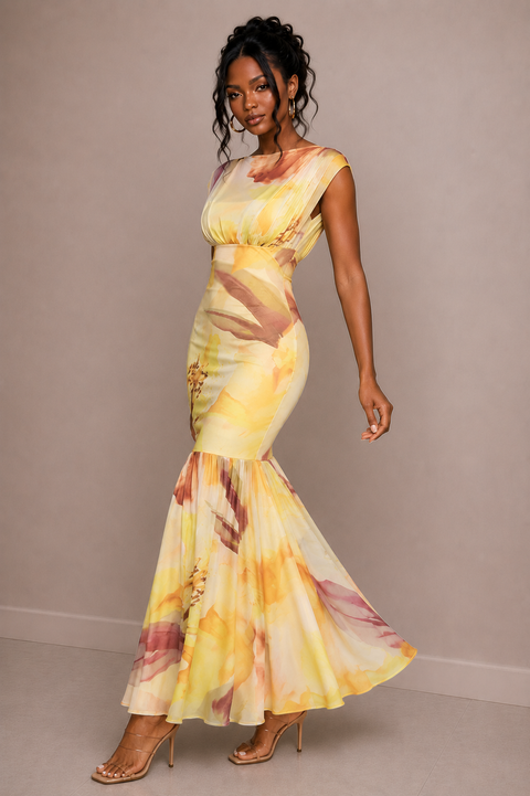 Printed Mesh Maxi Dress