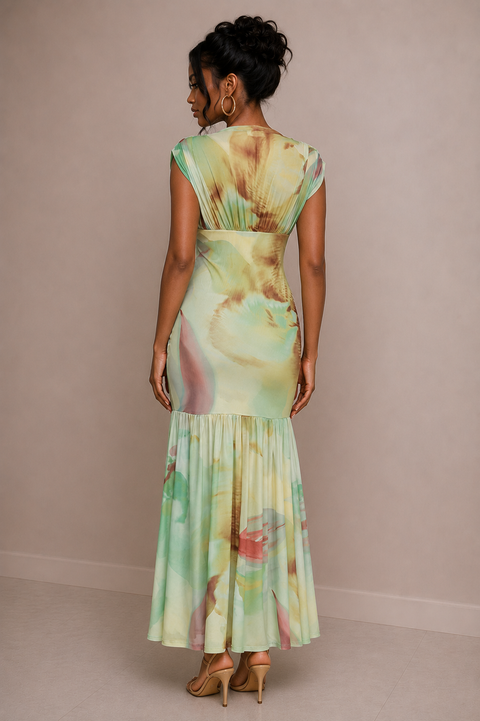 Printed Mesh Maxi Dress