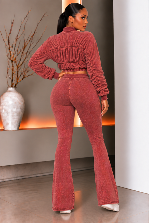 Washed Ruched Zip Up LS Top & Flare Pants Set