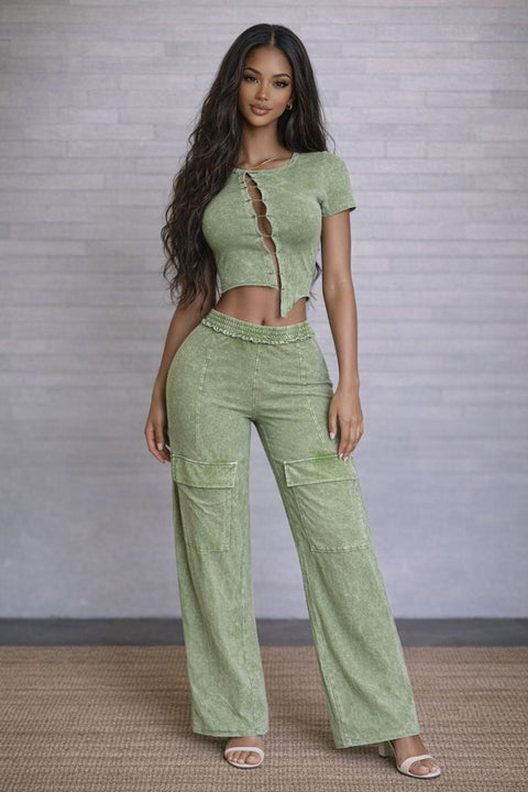 Washed Pin Detail SS Top & Pants Set