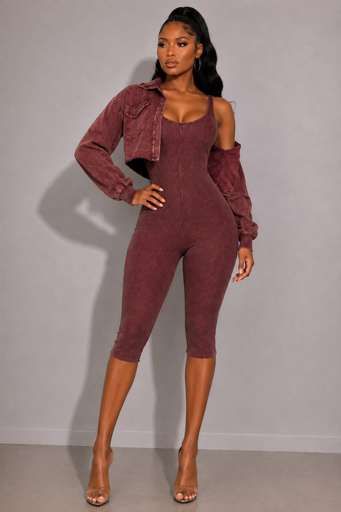 Washed Crop Jacket & Capri Romper Set