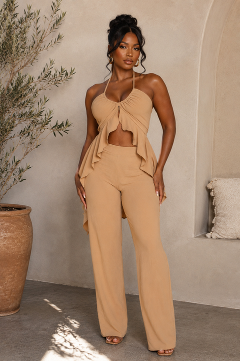 Halter Ruffled Shirring Top & Pants Set
