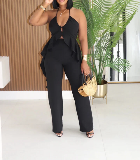 Halter Ruffled Shirring Top & Pants Set