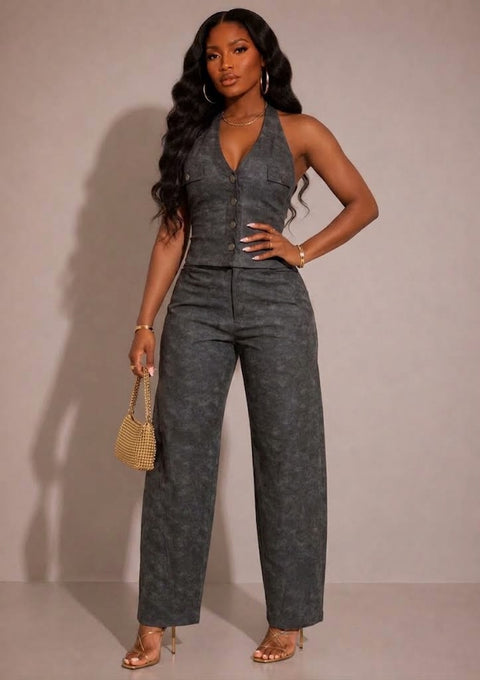 Washed PU Halter Top & Pants Set
