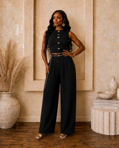 Gold Button Vest Top & Gold Belt Pants Set