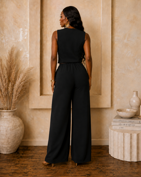 Gold Button Vest Top & Gold Belt Pants Set