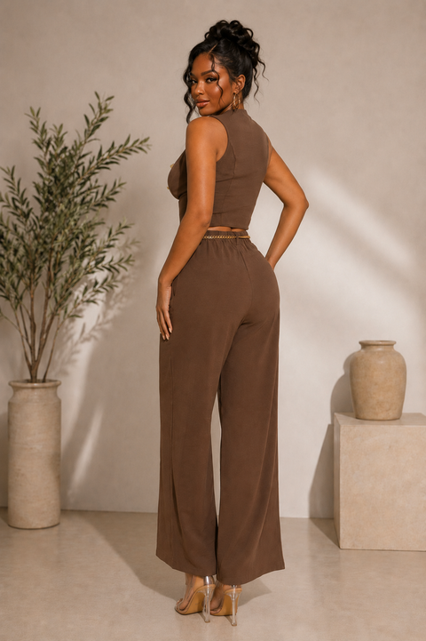Gold Button Vest Top & Gold Belt Pants Set