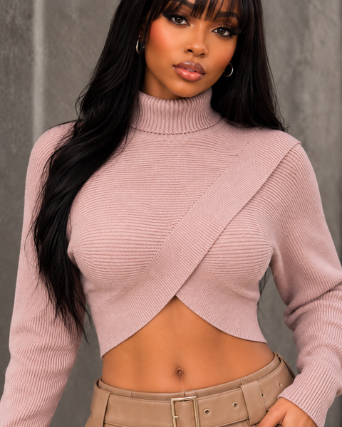 Mock Neck Folded Knit Crop LS Top