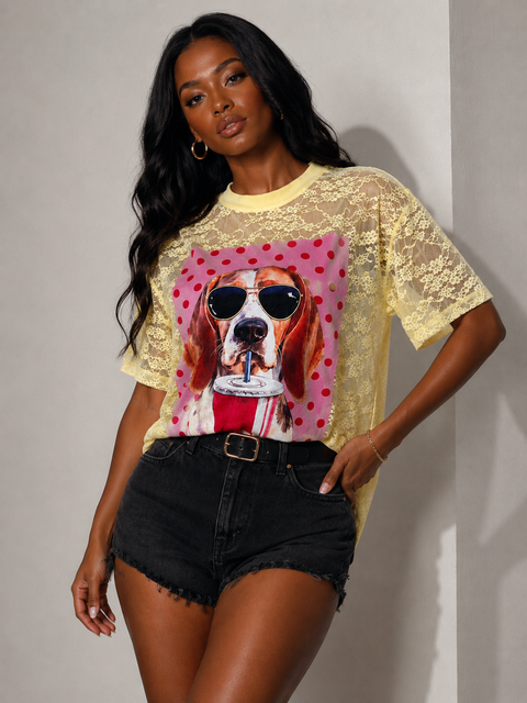 All Lace Dog Print T-Shirt