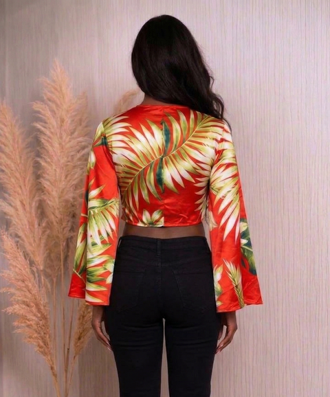 Printed Satin Wrap Bell Sleeve Top