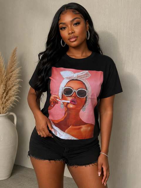 Rhinestone Detail Print T-Shirt