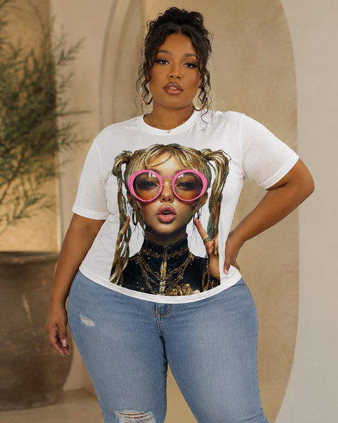 Rhinestone Detail Print T-Shirt (Plus)