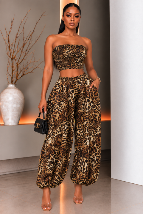 Leopard Smocked Tube Top & Jogger Pants Set