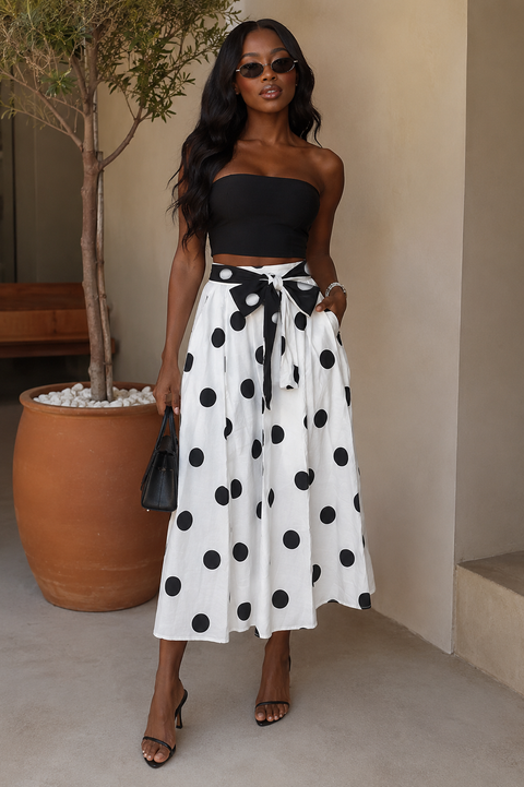 Polka Dot Belted Midi Skirt