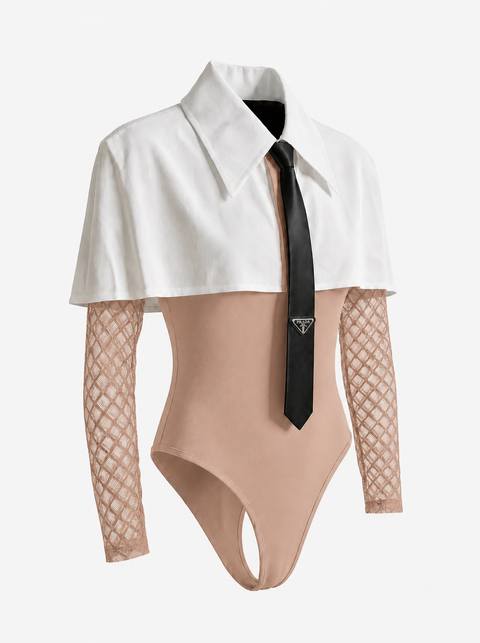 Lace Bodysuit With Cape & Tie