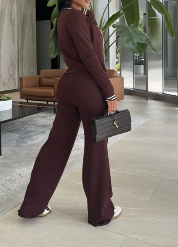 Color Contrast Trim Knit Shirt & Pants Set