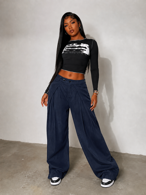 Side Folded Detail Denim Pants