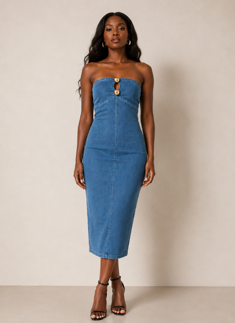 Gold Acc Tube Midi Denim Dress