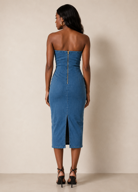 Gold Acc Tube Midi Denim Dress