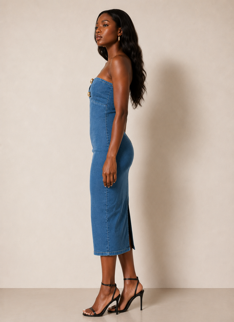 Gold Acc Tube Midi Denim Dress