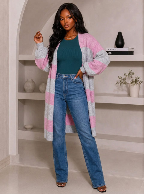 Large Stripe Knit Lng Cardigan