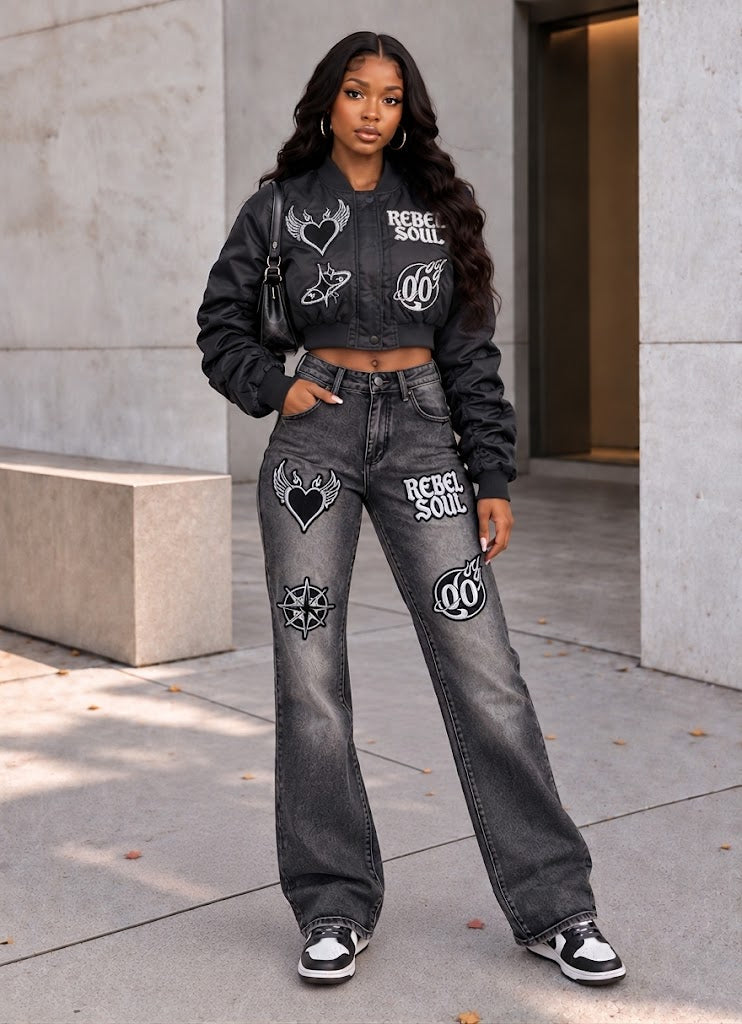 Patched Bomber Jacket & Jeans Set