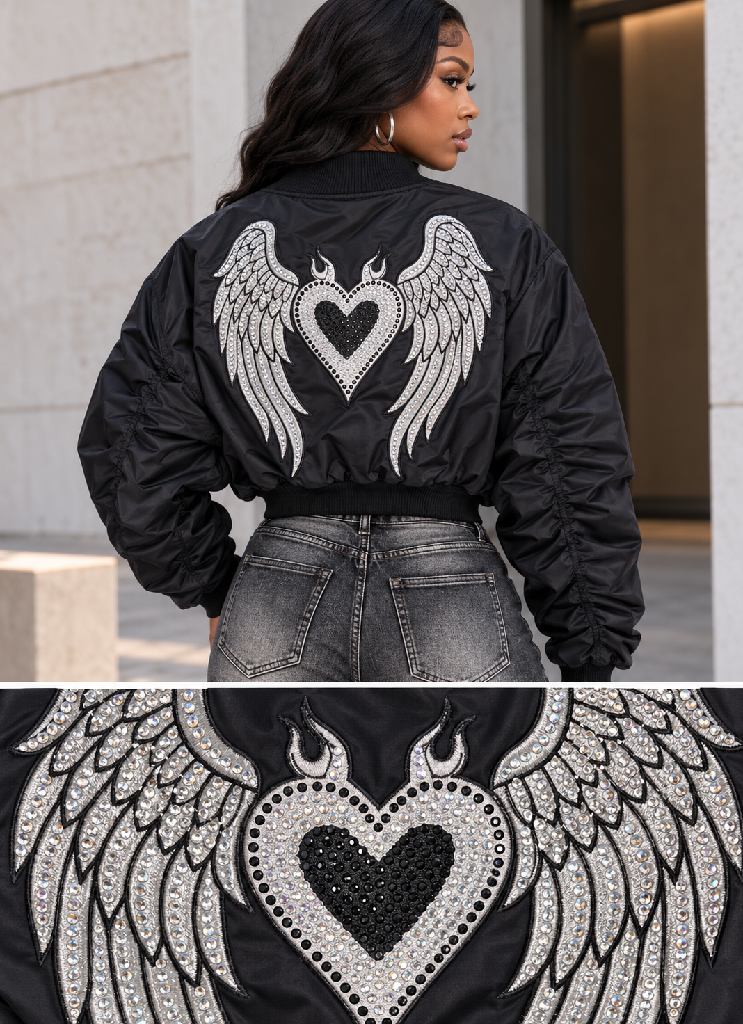 Patched Bomber Jacket & Jeans Set