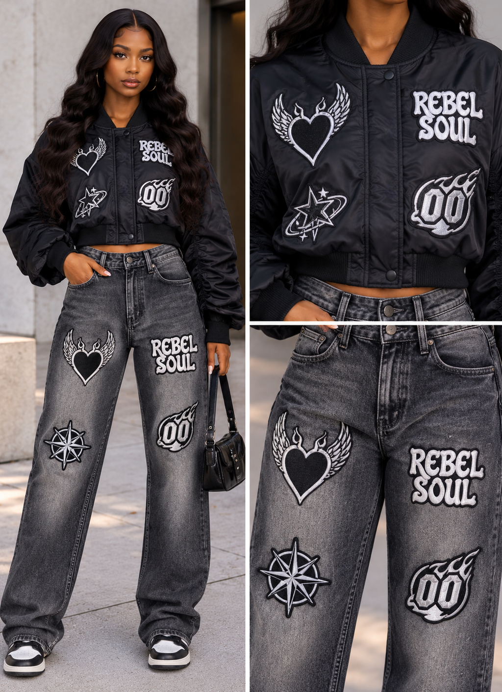 Patched Bomber Jacket & Jeans Set