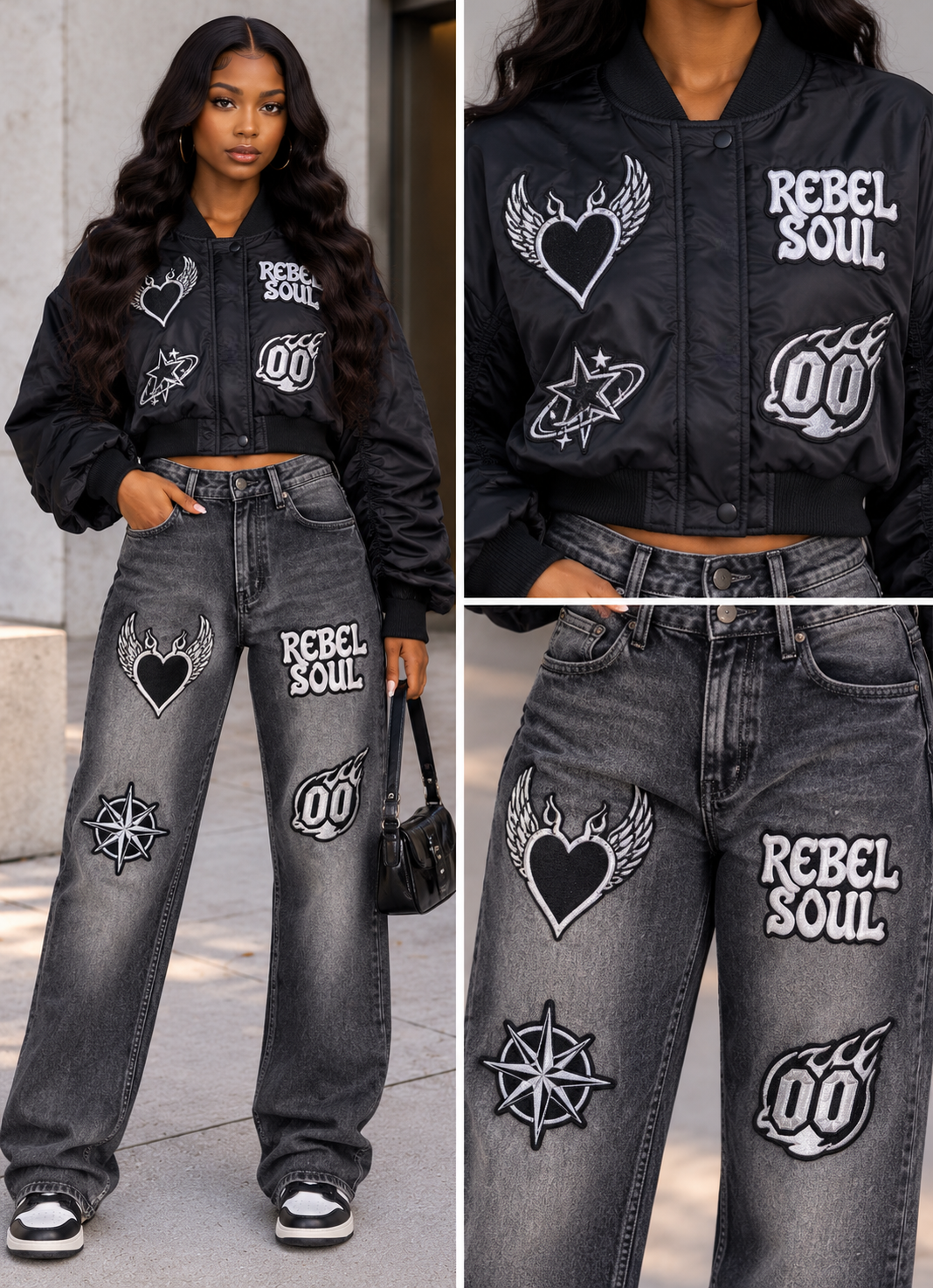 Patched Bomber Jacket & Jeans Set