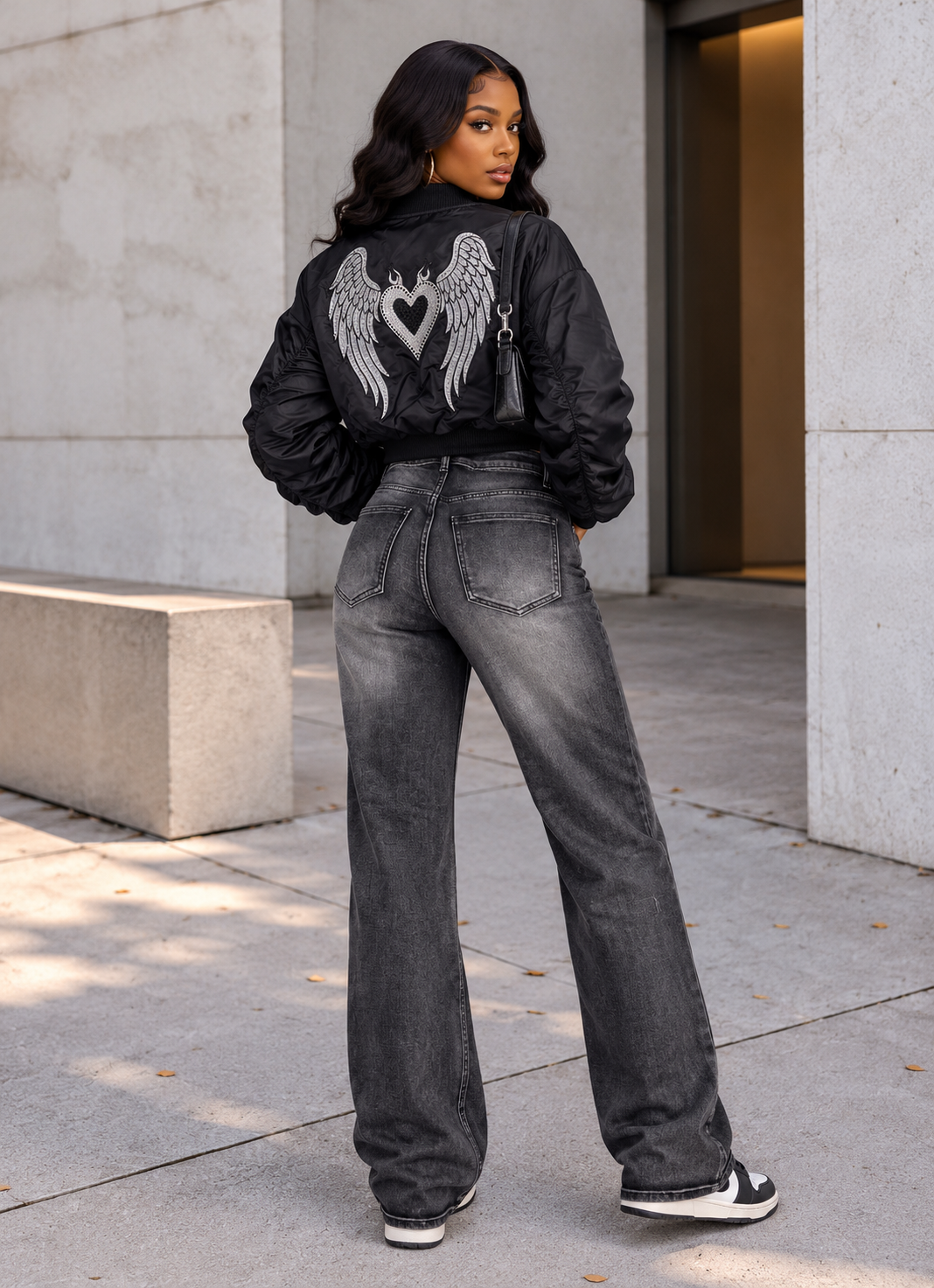 Patched Bomber Jacket & Jeans Set