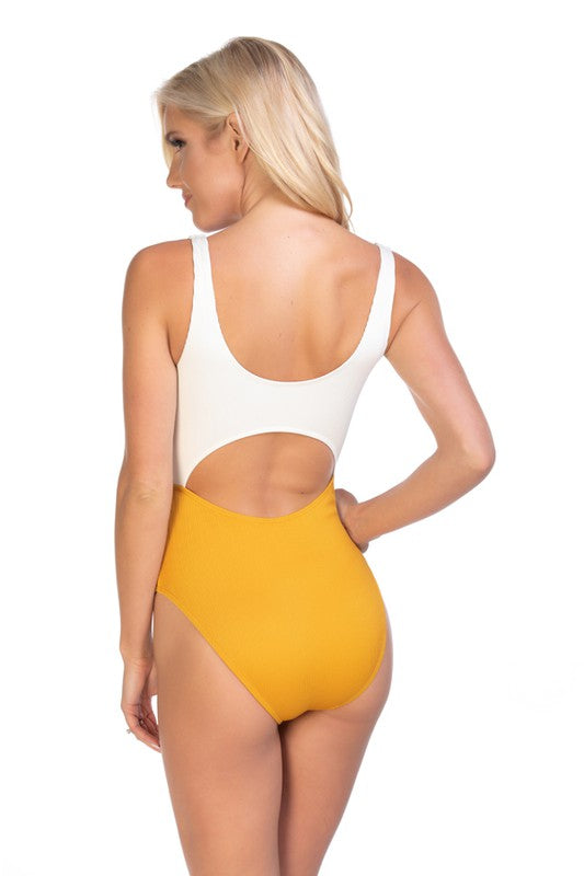 RIBBED TWO TONE CUTOUT ONE PIECE SWIMSUIT