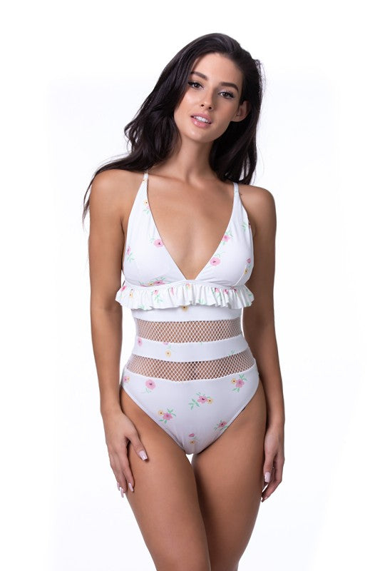 Beige Floral Ruffle Trim Mesh One Piece Swimsuit