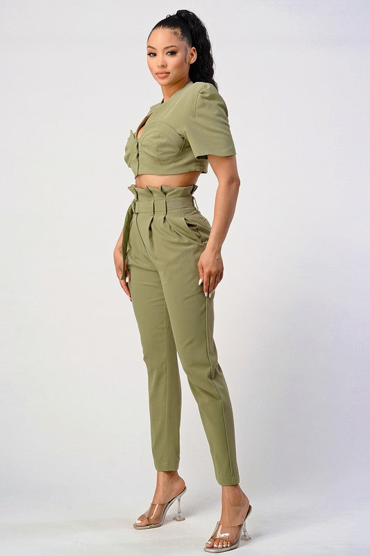 Two piece pants set with belt