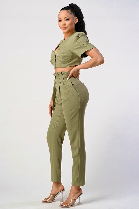 Two piece pants set with belt