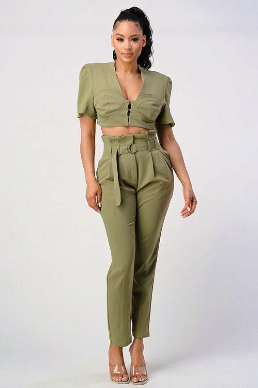 Two piece pants set with belt